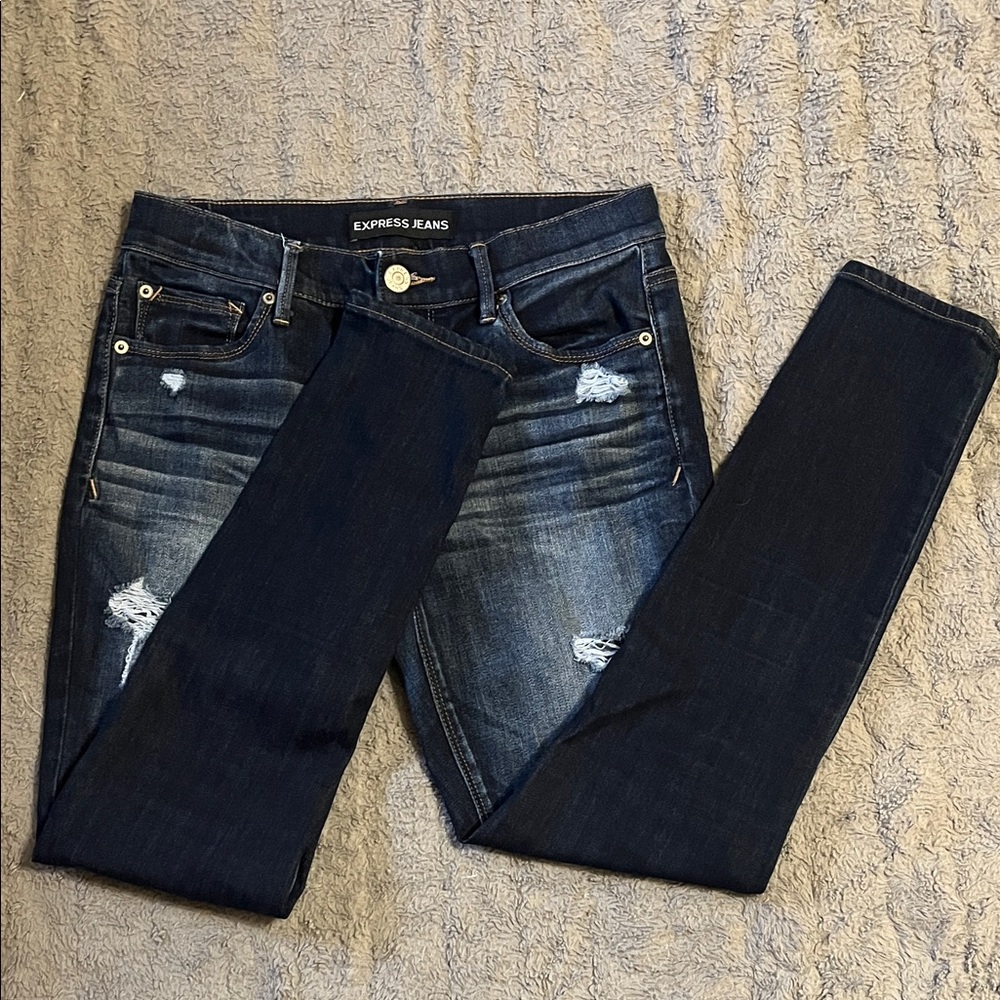 Express Women's Distressed Dark Denim Skinny Jeans | 6S